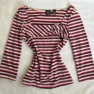 y2k retro oink and black striped top with silver ring detail